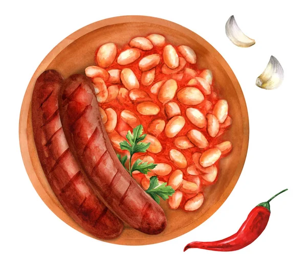 Stekt Korv Med Bönor Tomatsås Keramisk Skål Vit Isolerad Bakgrund — Stockfoto