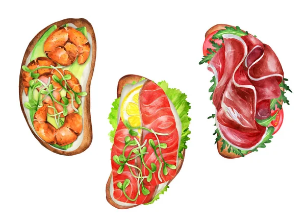 Set Verschiedener Sandwiches Mit Garnelen Lachs Und Prosciutto Auf Isoliertem — Stockfoto