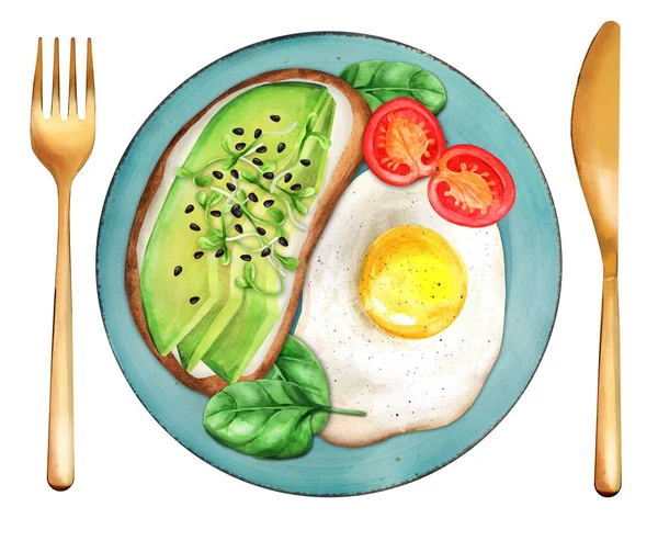 Breakfast Sandwich Avocado Fried Egg Tomato Plate Top View Watercolor — Stock Photo, Image