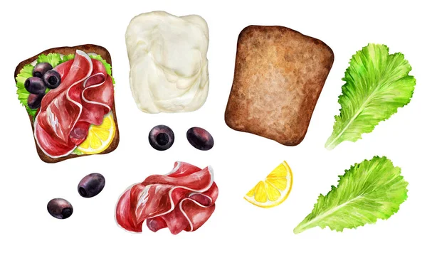 Ingrédients Pour Faire Sandwich Prosciutto Isolé Sur Fond Blanc Vue — Photo