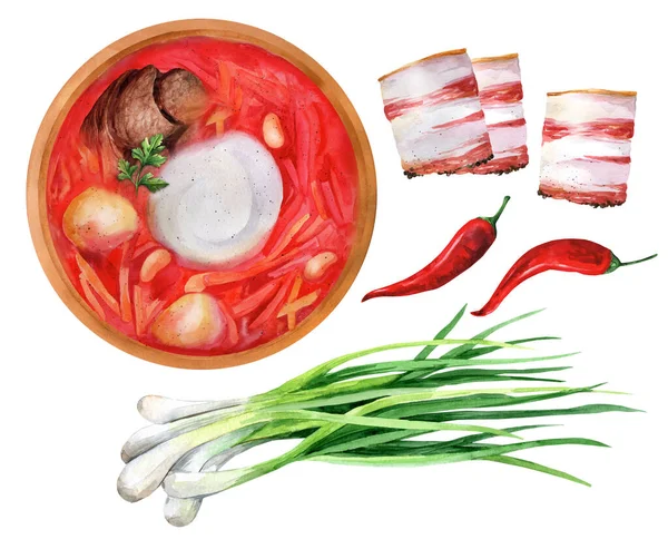 传统的乌克兰红罗宋汤 绿色洋葱和熏肉 白色孤立的背景 水彩画手绘插图 适用于菜单和烹调书 — 图库照片