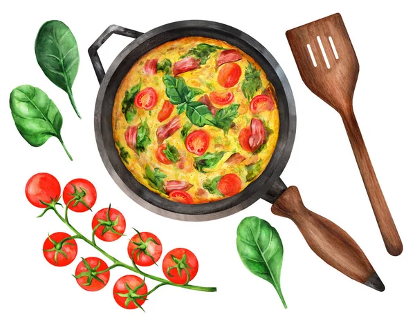 Frittata Casserole Cast Iron Pan Wooden Spatula Cherry Tomatoes White — Stock Photo, Image