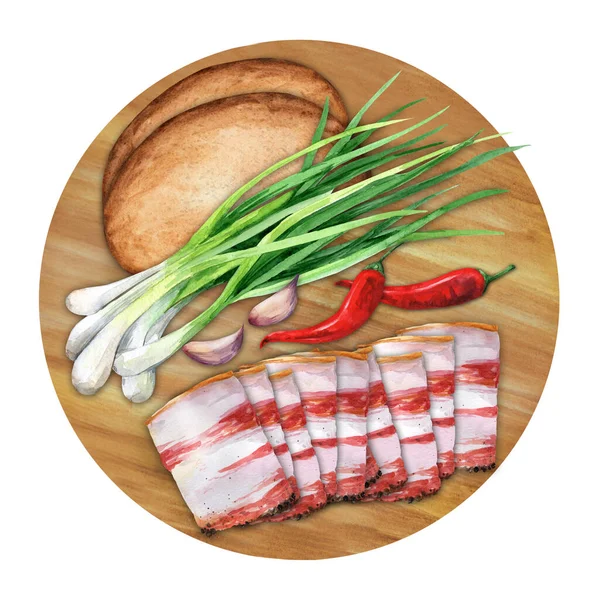 돼지고기 과푸른 양파와 배경에 놓았다 우크라이나 음식이야 손으로 물감을 조리법 — 스톡 사진