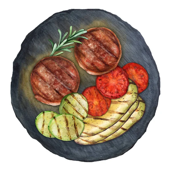 美味的牛肉奖章与烤蔬菜在黑暗的背景 顶部视图 水彩画手绘插图 适用于菜单 — 图库照片