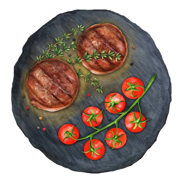 말리온 국물인 Tenderloin 스테이크를 만들어 어두운 배경에 토마토를 베이컨에 발랐다 — 스톡 사진