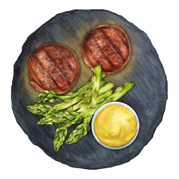 Varkenshaas Met Asperges Mosterdsaus Een Donkere Achtergrond Bovenaanzicht Aquarel Hand — Stockfoto