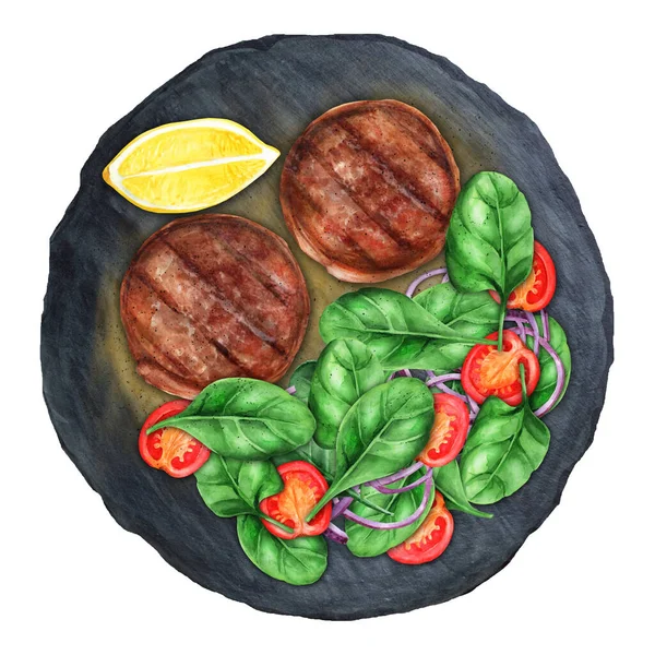 中和和和沙拉菠菜与西红柿在板子上 顶部视图 水彩画手绘插图 适用于菜单 — 图库照片