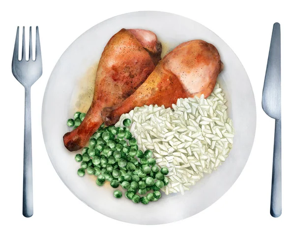 Tongkat Ayam Goreng Nasi Putih Dan Kacang Polong Hijau Piring — Stok Foto