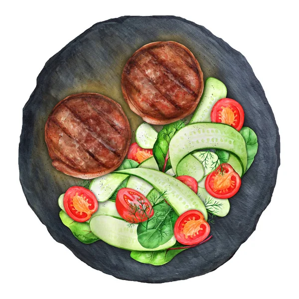비프는 오이와 토마토 체리를 슬레이트 보드에 메달을 줍니다 위에서 메뉴와 — 스톡 사진