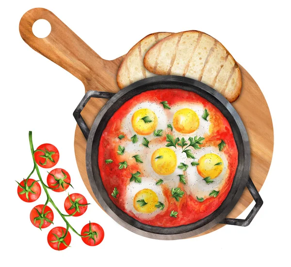 Shakshuka Într Schiță Din Fontă Placă Lemn Pâine Roșii Cherry — Fotografie, imagine de stoc