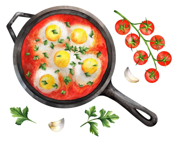 Śniadanie Shakshuka Żelaznej Patelni Tradycyjne Potrawy Jajka Smażone Pomidorami Widok — Zdjęcie stockowe