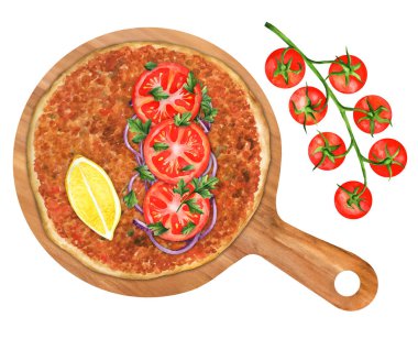 Tahta bir tahtada domates, maydanoz, soğan ve limonlu Türk yemeği Lahmacun. Üst Manzara. Suluboya el çizimi çizimi. Menü ve yemek kitabı, restoran için uygun