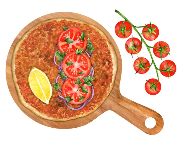 Tureckie Jedzenie Lahmacun Pomidorem Pietruszką Cebulą Cytryną Drewnianej Desce Widok — Zdjęcie stockowe