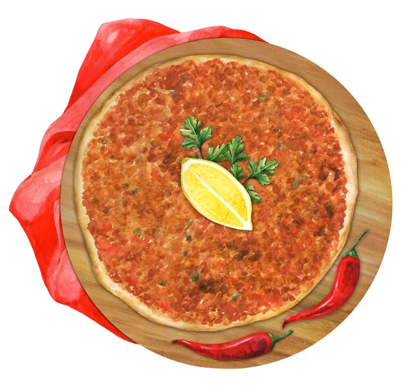 Turco Lahmacun Pizza Com Ervas Limão Bandeja Madeira Isolada Fundo — Fotografia de Stock