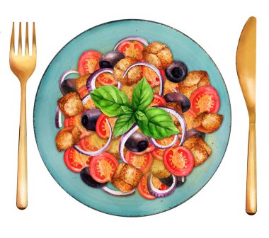 Domatesli, zeytinli ve tabağında ekmek olan Toskana Panzanella salatası. Üst Manzara. Suluboya el çizimi çizimi. Menü ve yemek kitabı, restoran için uygun