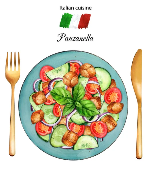 潘扎内拉意大利传统沙拉配上西红柿 黄瓜和面包 地中海健康食品 顶部视图 水彩画手绘插图 适用于菜单 — 图库照片