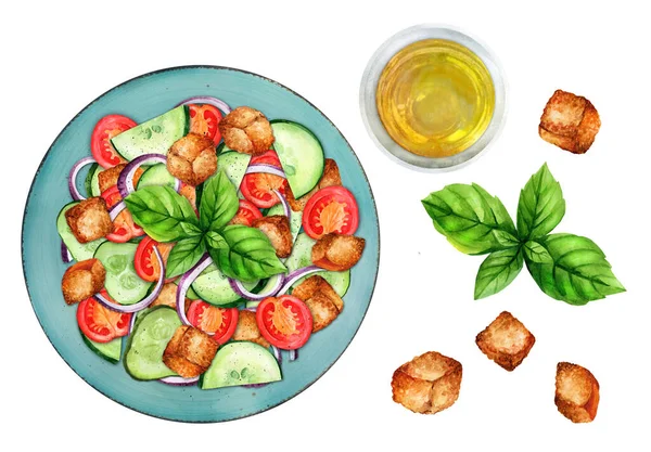 Panzanella Traditional Food Italy Plate Olive Oil Vegetable Salad Top — Stock Photo, Image