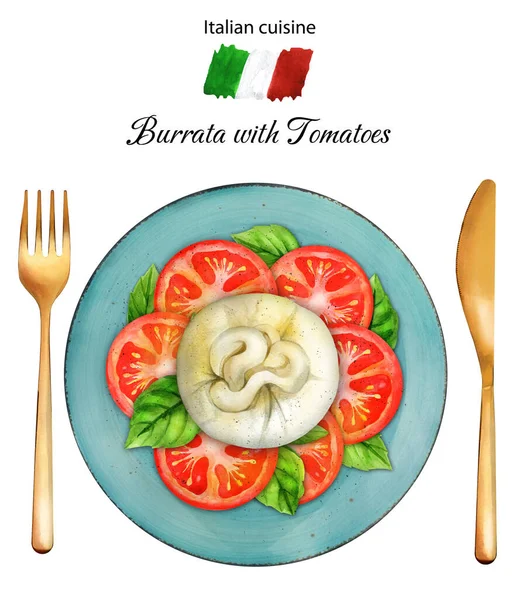 意大利烤乳酪加西红柿和罗勒 新鲜沙拉 健康食品 顶部视图 水彩画手绘插图 适用于菜单 — 图库照片
