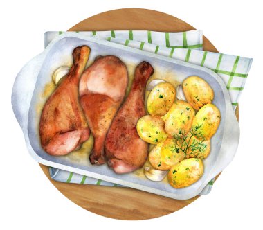 Fırında pişirilmiş tavuk butları ve seramik tabakta patates. Üst Manzara. Suluboya el çizimi çizimi. Menü ve yemek kitabı, restoran için uygun