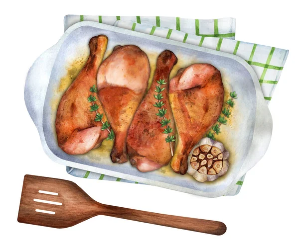 Κοτόπουλο Μπούτια Ψημένα Στο Φούρνο Κεραμικό Πιάτο Θυμάρι Και Σκόρδο — Φωτογραφία Αρχείου