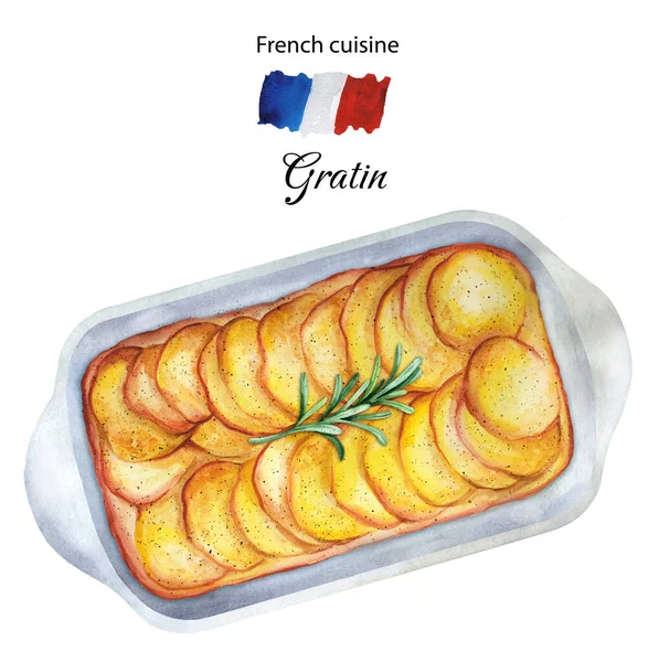 Gratin Potatisgryta Med Grädde Fransk Mat Högst Upp Akvarell Handritad — Stockfoto
