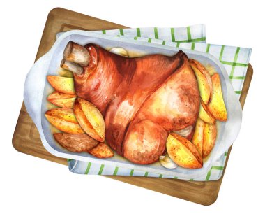 Tahta bir tahtanın üzerinde seramik tepside patatesli domuz budu. Üst Manzara. Suluboya el çizimi çizimi. Menü ve yemek kitabı için uygun.