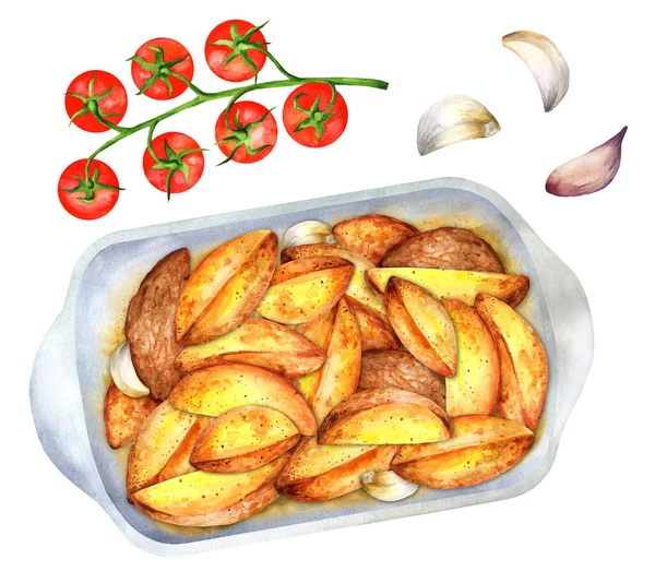 Ψητές Πατάτες Μπαχαρικά Και Σκόρδο Ταψί Λευκό Μονωμένο Φόντο Ντομάτες — Φωτογραφία Αρχείου
