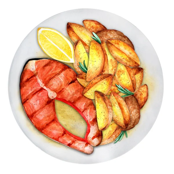 烤鲑鱼牛排和烤土豆与柠檬和迷迭香在白盘上 水彩画手绘插图 适用于菜单和烹调书 — 图库照片