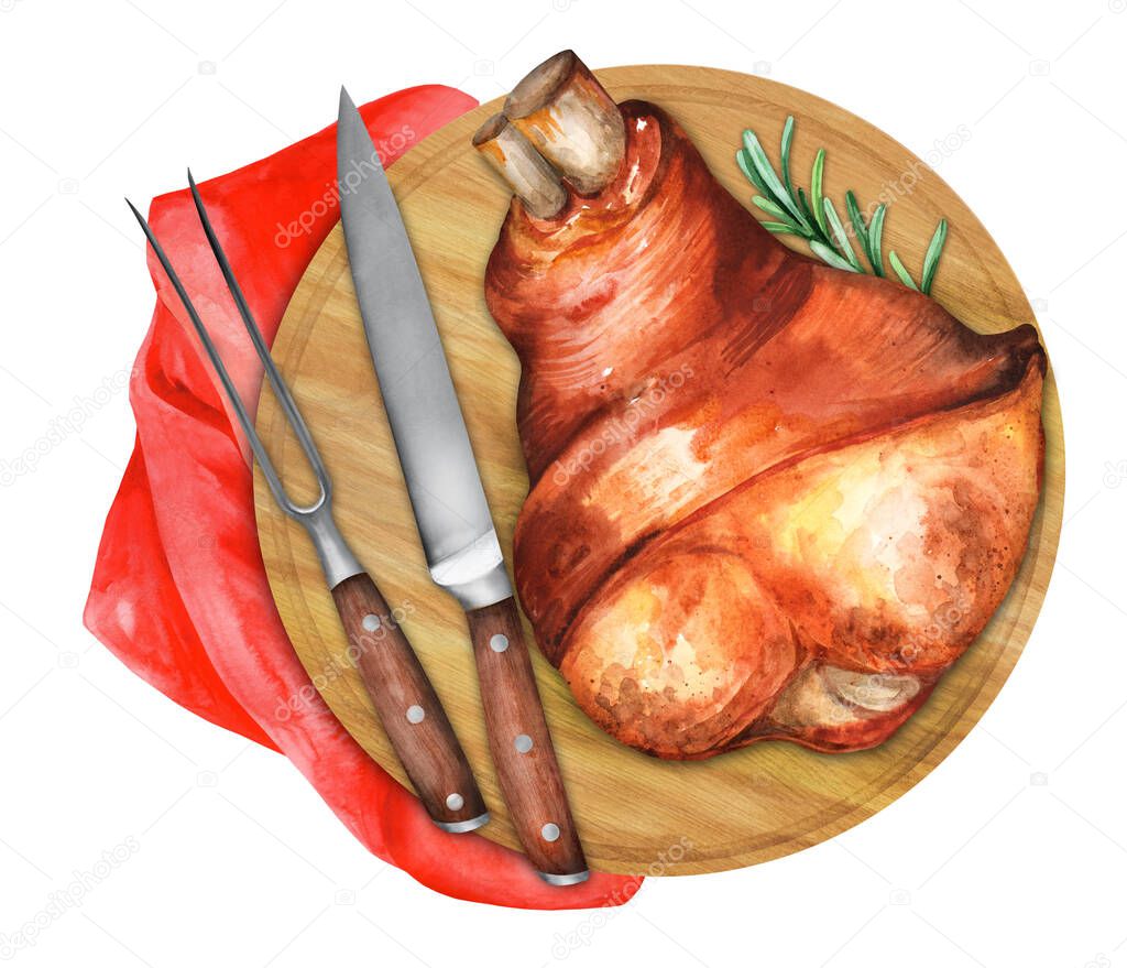Roast pork knuckle eisbein on a wooden cutting board. Knife and fork for the meat. Top view. Watercolor hand drawn illustration. Suitable for menu and cookbook.