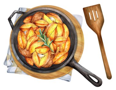 Tahtada ahşap bir spatulayla suluboya tavada patates kızartması. Kırsal tarzda. Üst Manzara. Suluboya el çizimi çizimi. Menü ve yemek kitabı için uygun. İzole edilmiş beyaz arkaplan