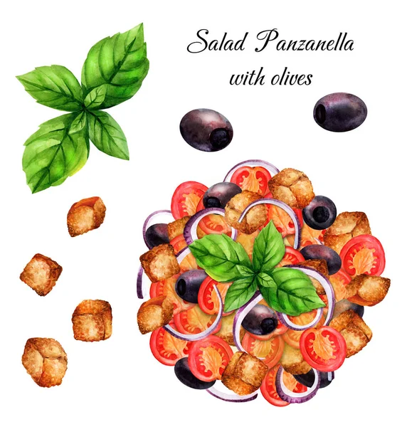 Salada Panzanella Com Azeitonas Fundo Isolado Salada Fresca Comida Saudável — Fotografia de Stock