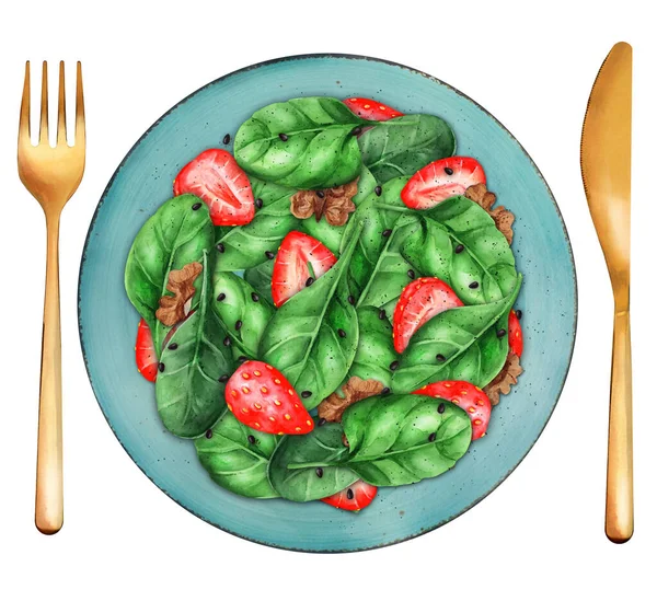 Salad Strawberry Spinach Walnuts Plate Healthy Food Concepts Top View — Photo