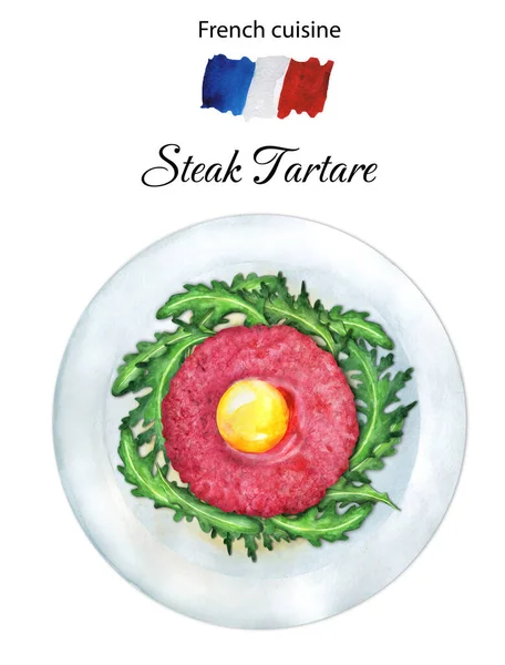 Fresh Beef Tartare Egg Arugula White Plate French Cuisine Watercolor — Stockfoto