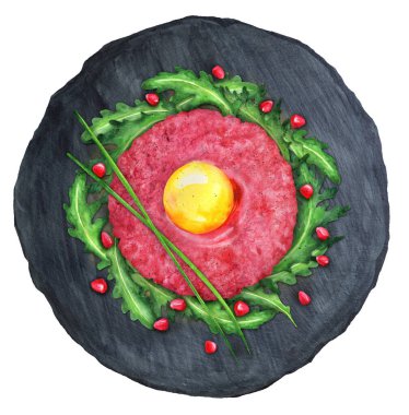 Siyah tahtada roka ile servis edilen etli tart. Üst Manzara. Suluboya el çizimi çizimi. Menü, yemek kitabı ve restoran için uygun