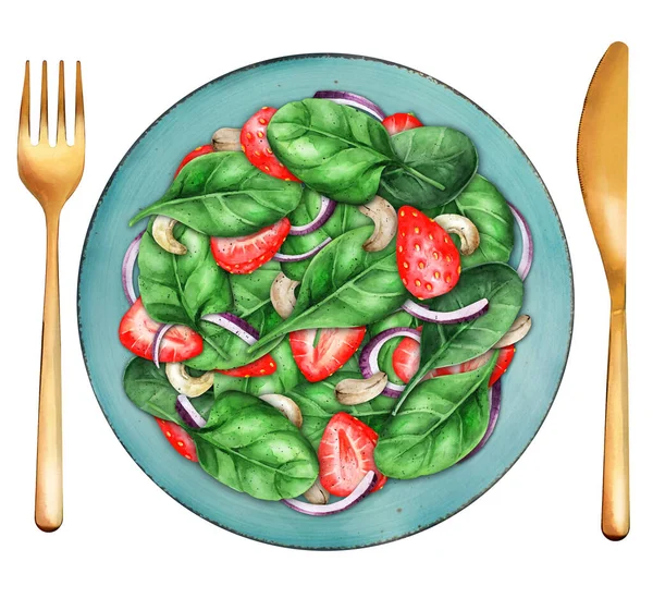 Plate Salad Spinach Strawberry Onions Nuts Healthy Eating Clean Food — Stock Photo, Image