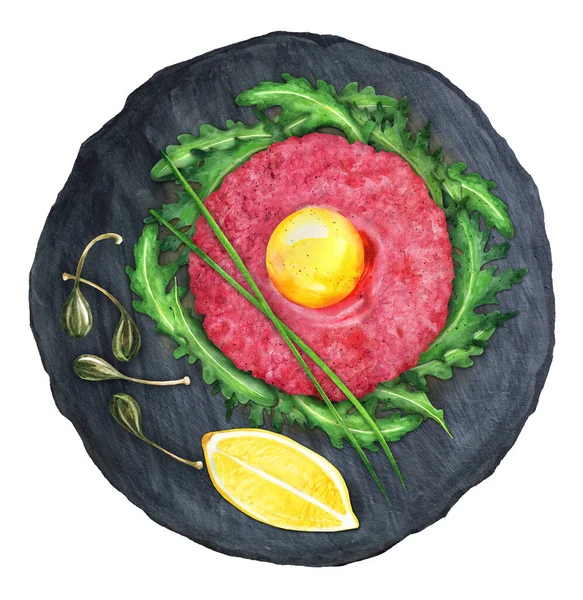 Beef Tartare Egg Yolk Arugula Lemon Capers Black Board Top — Foto Stock