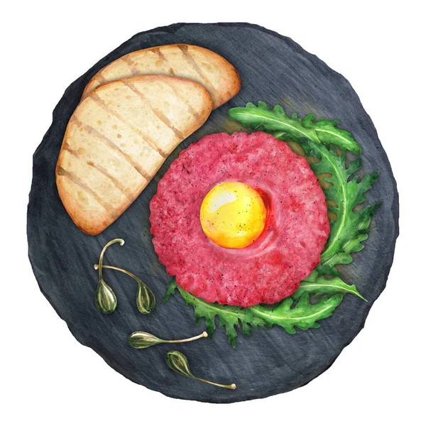 Beef Tartare Egg Yolk Arugula Toast Bread Capers Black Board — Stockfoto