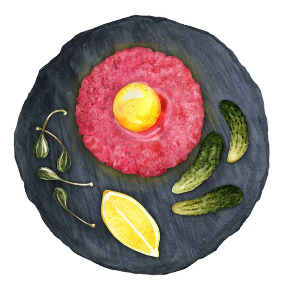 Fresh Beef Tartare Cucumbers Capers Black Board Top View Watercolor — Stockfoto