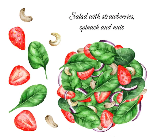 Σαλάτα Σπανάκι Φράουλα Και Ξηρούς Καρπούς Λευκό Φόντο Υγιεινή Διατροφή — Φωτογραφία Αρχείου