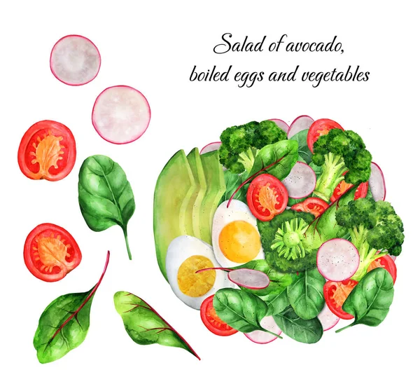 Salad Vegetarian Dengan Alpukat Telur Dan Sayuran Dengan Latar Belakang — Stok Foto