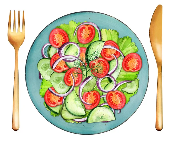 Healthy Vegetable Salad Fresh Tomato Cucumber Onion Plate Diet Menu — Photo