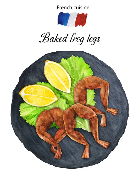 Fried Frog Legs Lemon Lettuce Blackboard French Cuisine Top View — Stockfoto