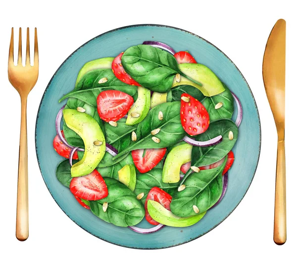 Salad Strawberries Avocado Spinach Nuts Plate Healthy Food Concepts Top — Fotografie, imagine de stoc