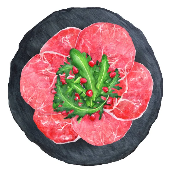 Marbled Beef Carpaccio Arugula Pomegranate Seeds Black Slate Background Hand — Stockfoto