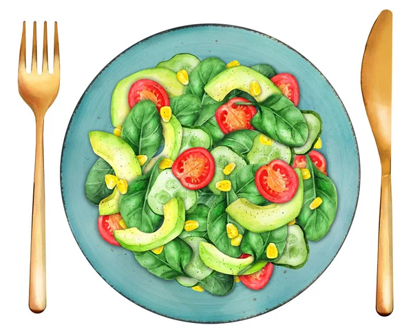 Vegetable Salad Tomato Cucumber Avocado Corn Spinach Healthy Detox Food — Photo