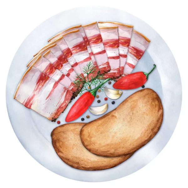 Slices Raw Pork Lard Garlic Bread Hot Peppers White Plate —  Fotos de Stock