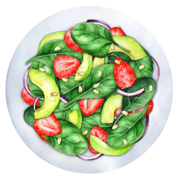 Salad Strawberries Avocado Spinach Nuts Plate Healthy Food Concepts Top — Stok fotoğraf