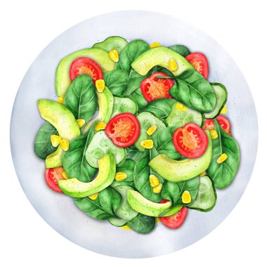 Domatesli sebze salatası, salatalık, avokado, mısır ve ıspanak. Sağlıklı ve detoks gıda konsepti. Ketogenik diyet. Üst Manzara. Suluboya çizimi. Menü ve yemek kitabı için uygun. 