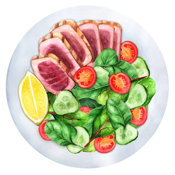Seared Tuna Slices Fresh Vegetable Salad Lemon White Plate Top — Zdjęcie stockowe