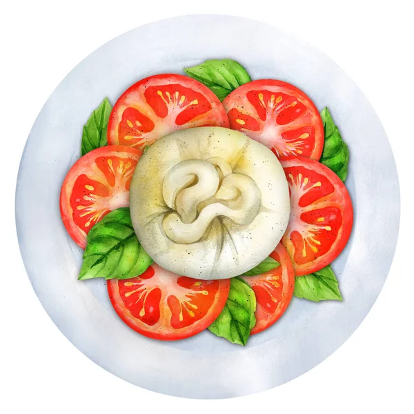 Італійський Сир Burrata Помідорами Базилем Свіжий Салат Здорова Їжа Краєвид — стокове фото